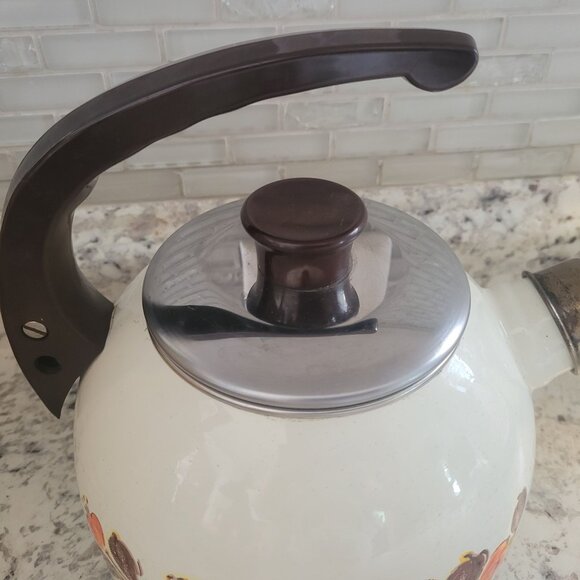 Vintage Sanko White Enamel Tea Kettle With Orange Floral Design & Black Handle - Picture 3 of 6